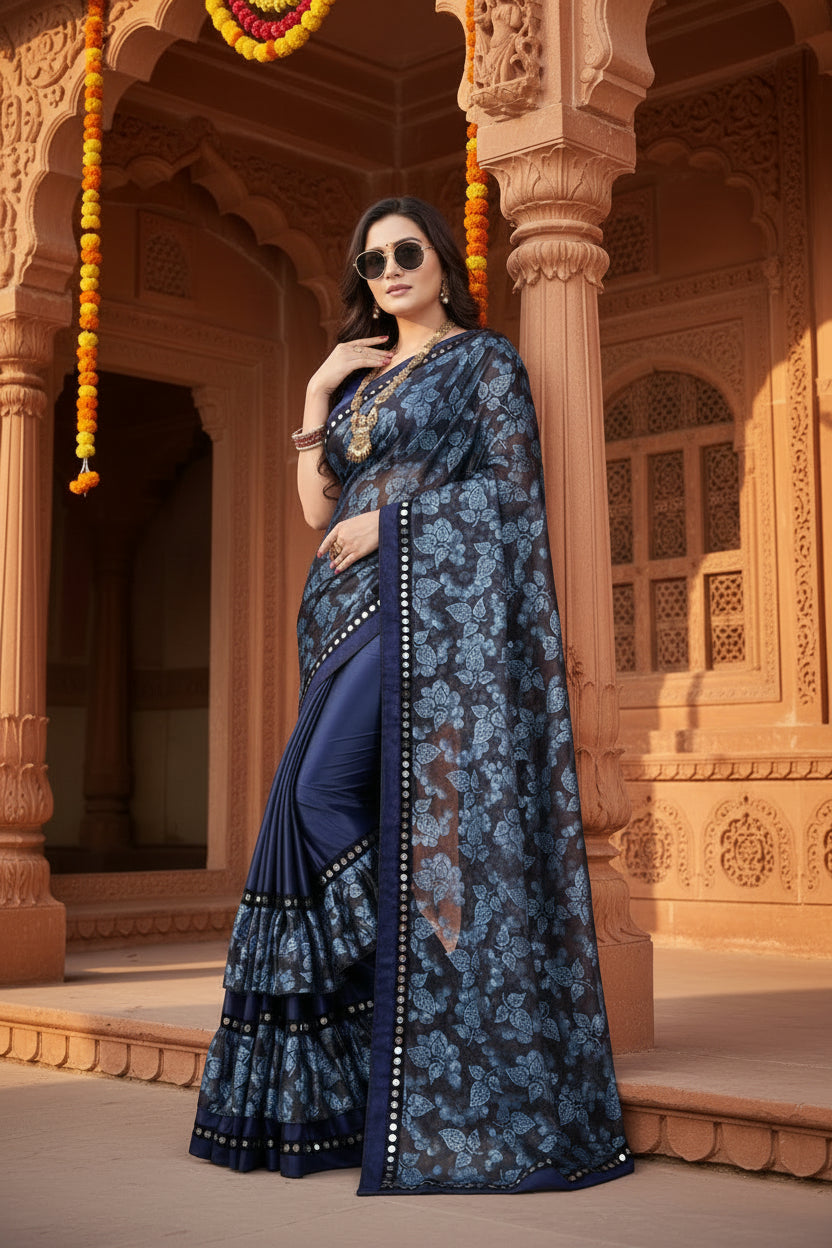 Women's Lycra Blend Saree with Blouse (Blue, 5-6 Mtrs)