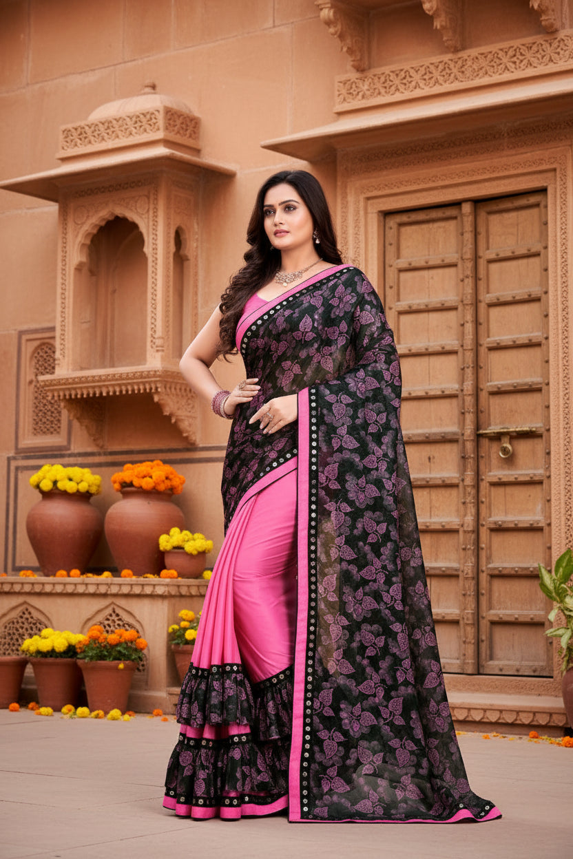 Women's Lycra Blend Saree with Blouse (Pink, 5-6 Mtrs)
