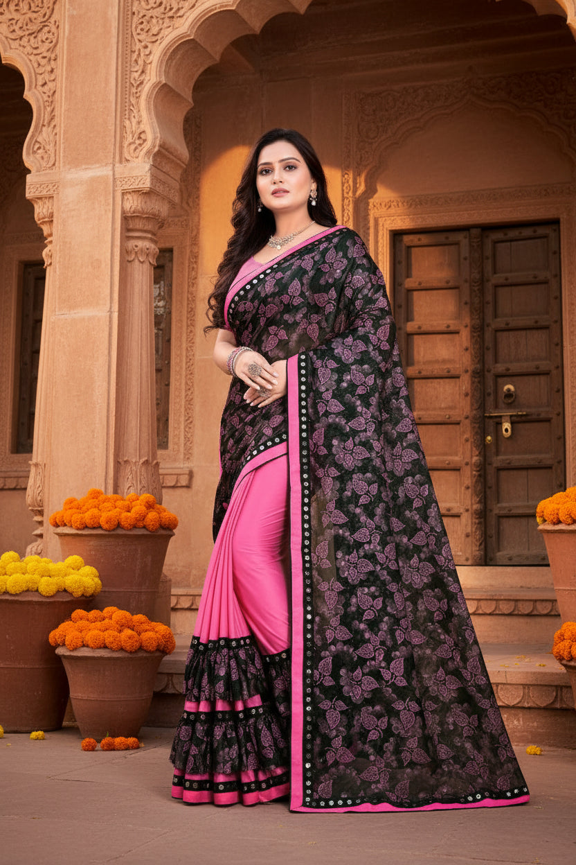 Women's Lycra Blend Saree with Blouse (Pink, 5-6 Mtrs)