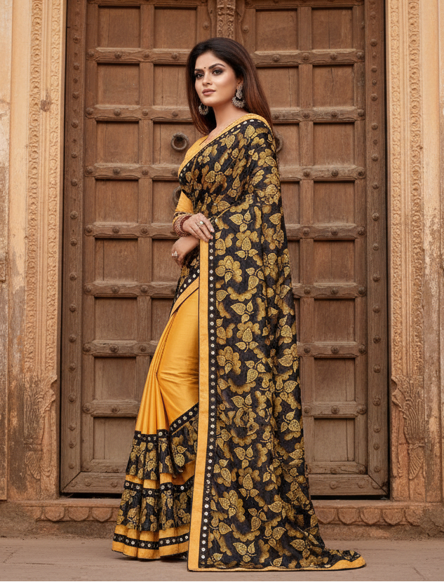 Women's lycra blend saree with blouse (mustard, 5 6 mtrs)