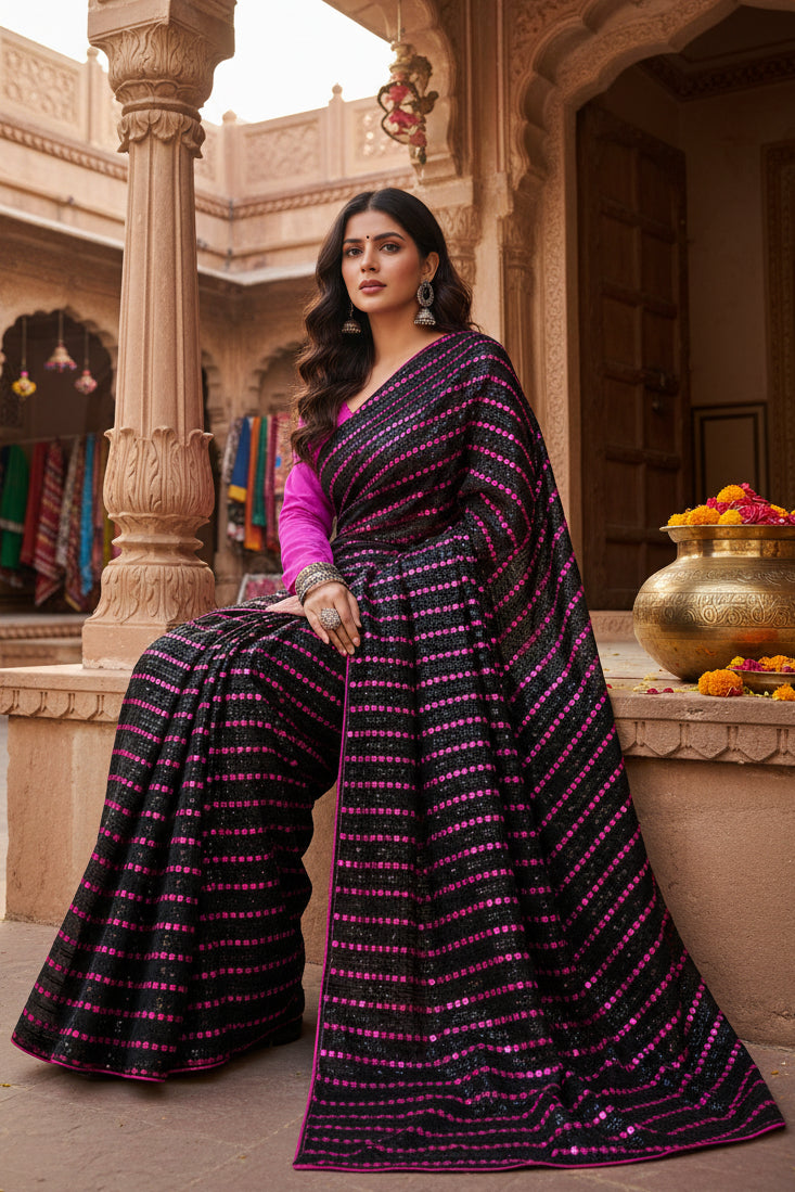 Women's Vichitra Saree with Blouse (Pink, 5-6 Mtrs) Kashvii