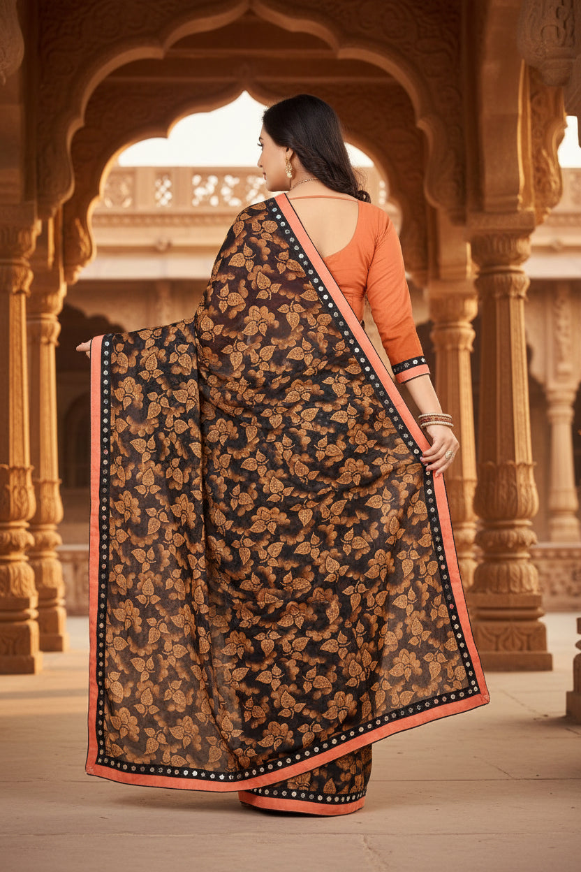 Women's lycra blend saree with blouse (orange, 5 6 mtrs)