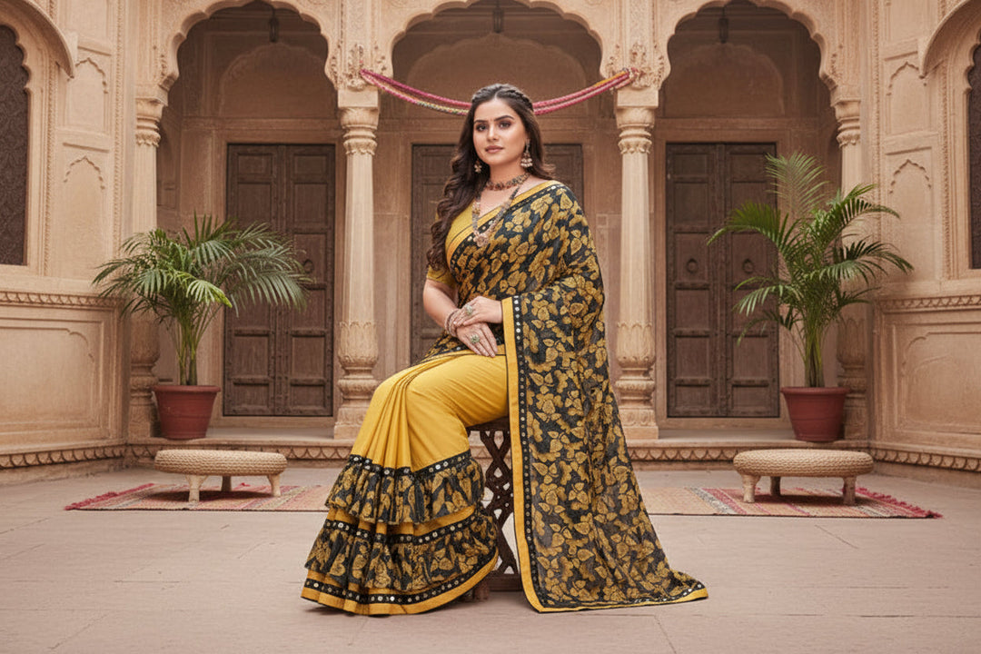 Women's Lycra Blend Saree with Blouse (Mustard, 5-6 Mtrs) Kashvii