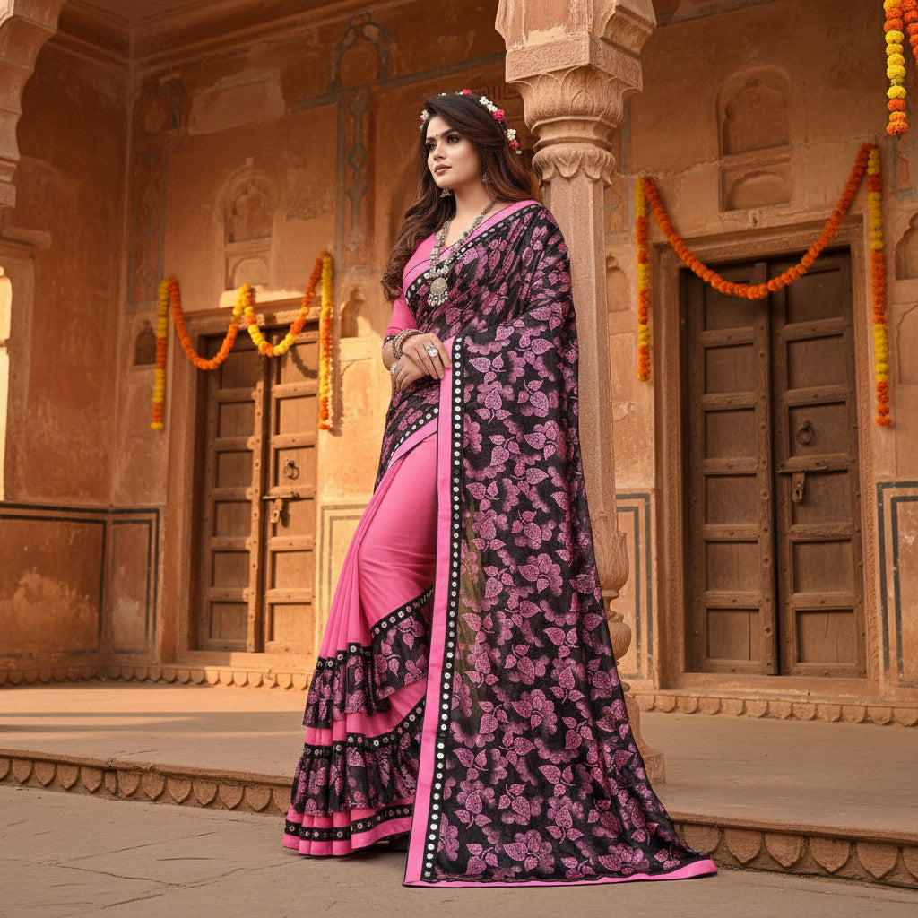 Women's lycra blend saree with blouse (pink, 5 6 mtrs)