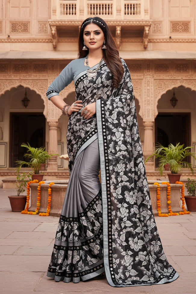 Women's Lycra Blend Saree with Blouse (Grey, 5-6 Mtrs)