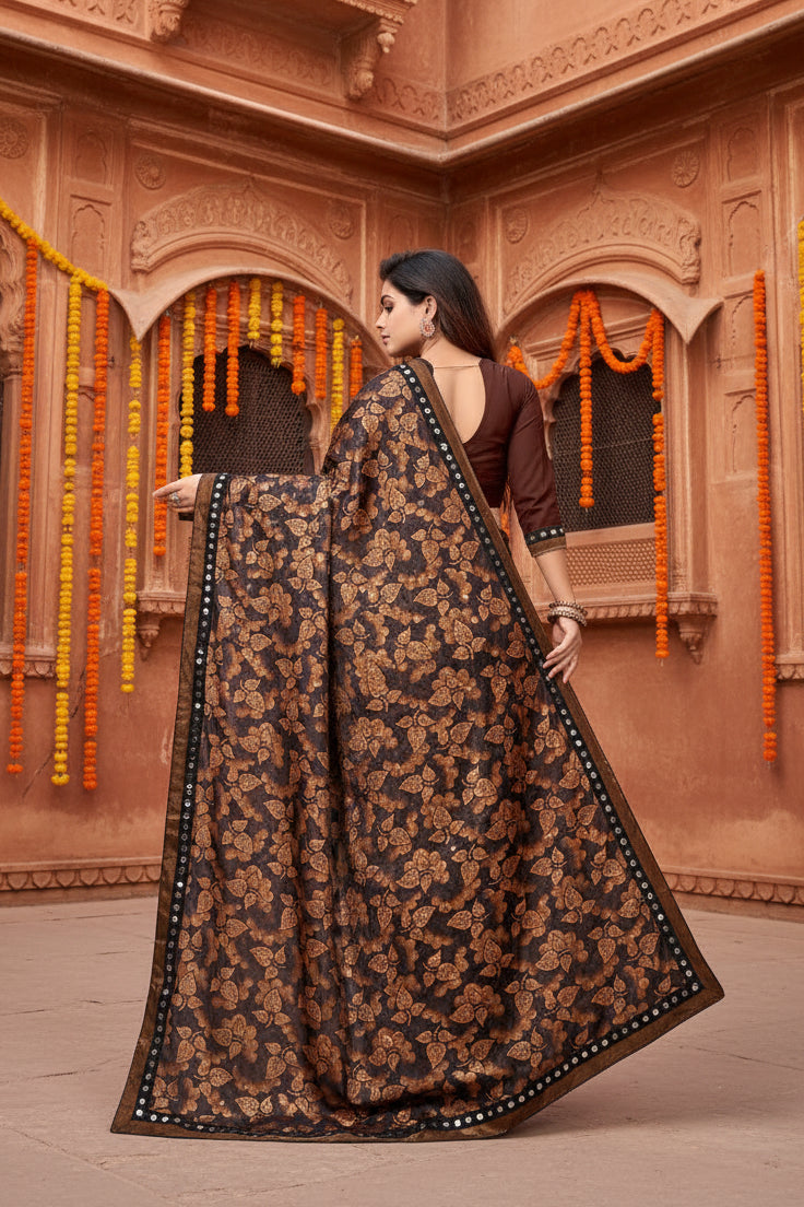 Women's lycra blend saree with blouse (coffee, 5 6 mtrs)