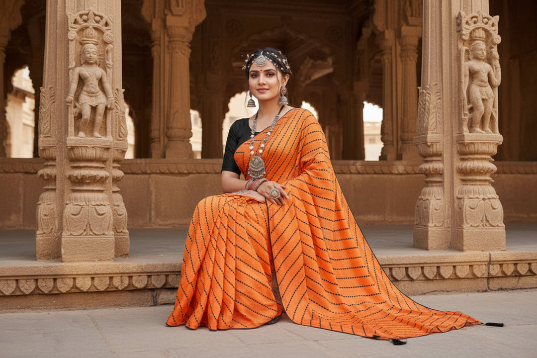 Women's Vichitra Saree with Blouse (Orange, 5-6 Mtrs) Kashvii