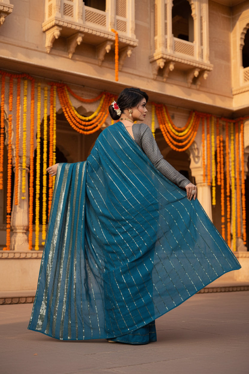 Women's vichitra saree with blouse (rama, 5 6 mtrs)