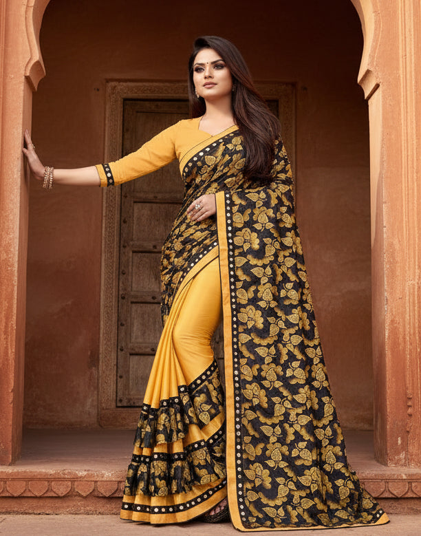 Women's Lycra Blend Saree with Blouse (Mustard, 5-6 Mtrs)