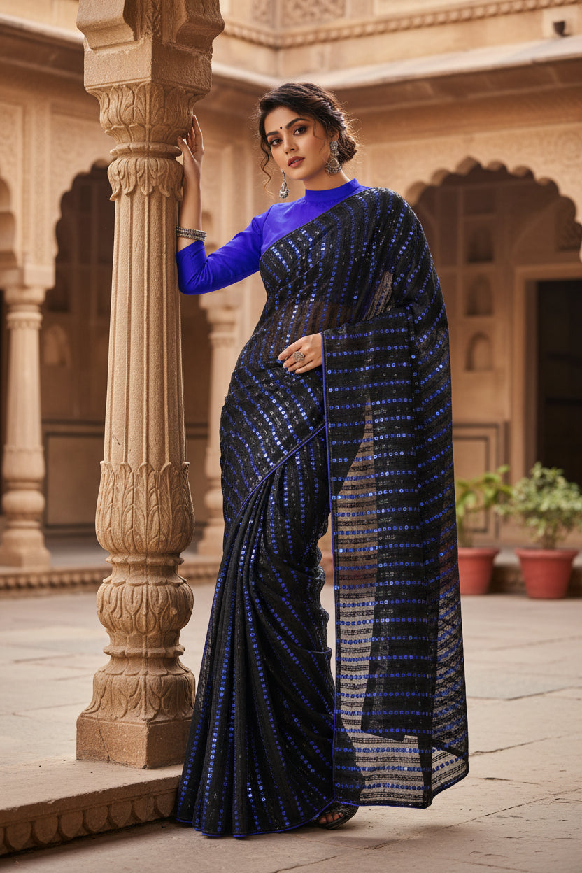 Women's Vichitra Saree with Blouse (Blue, 5-6 Mtrs) Kashvii