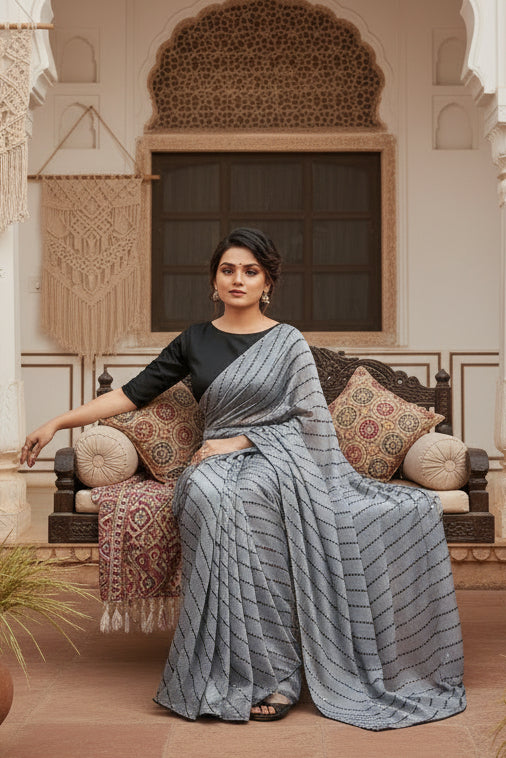 Women's Vichitra Saree with Blouse (Grey, 5-6 Mtrs) Kashvii