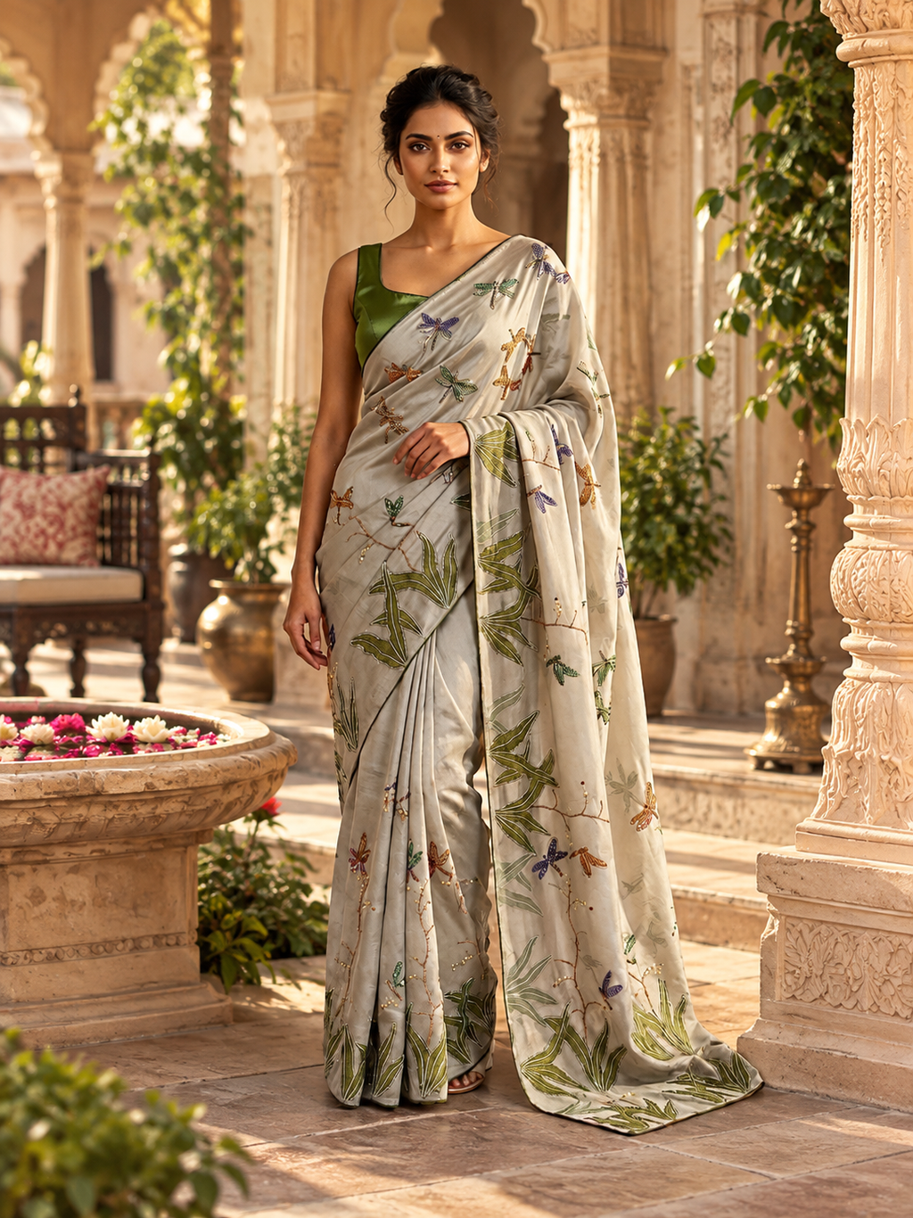 Pure Tissue Silk Floral Printed Saree With Unstitched Blouse(Green)