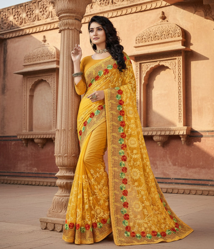 Women's net saree with blouse (yellow, 5 6mtrs) kashvii