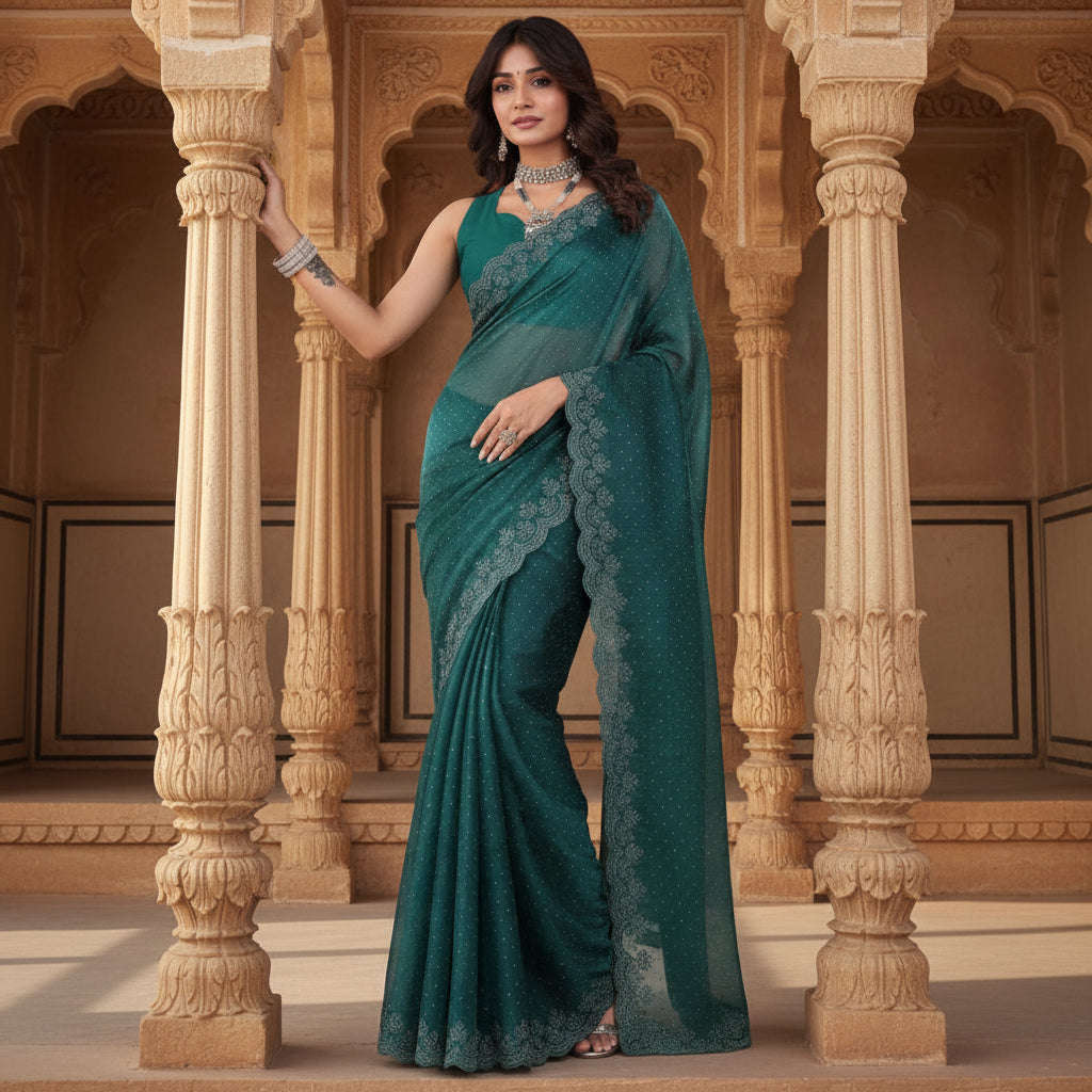 Women's Jimmy choo Embellished Bollywood Saree With Unstitched Blouse 5.5Mtr (Green) Kashvii