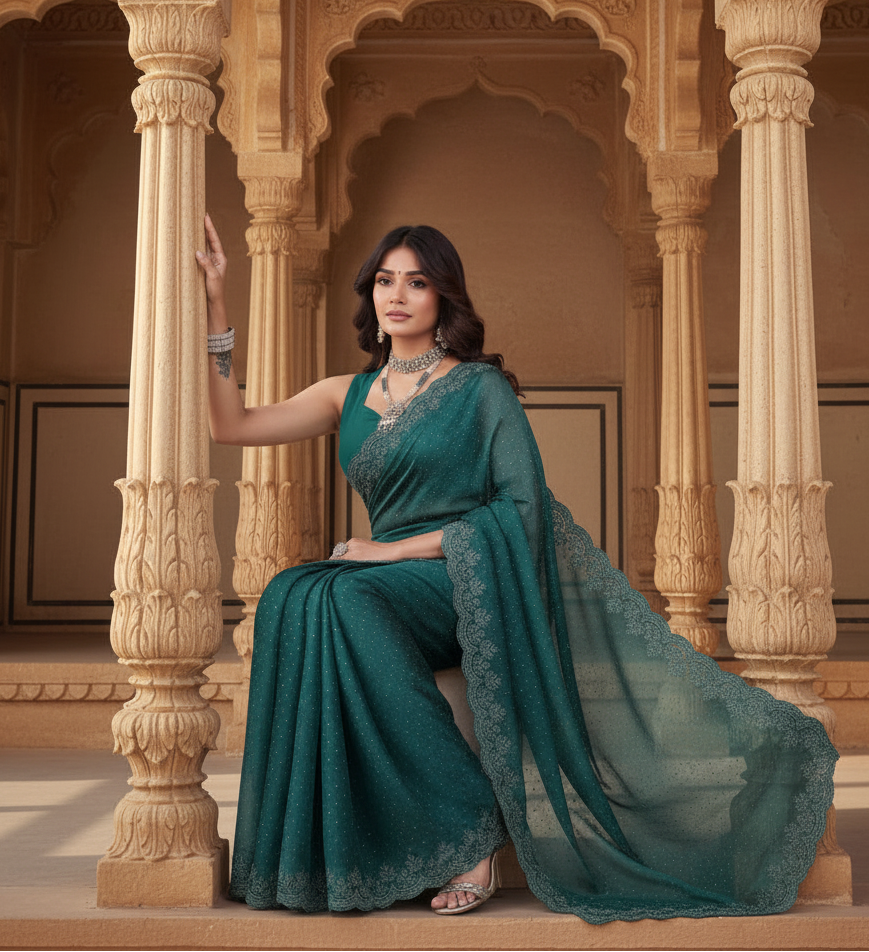 Women's jimmy choo embellished bollywood saree with unstitched blouse 5
