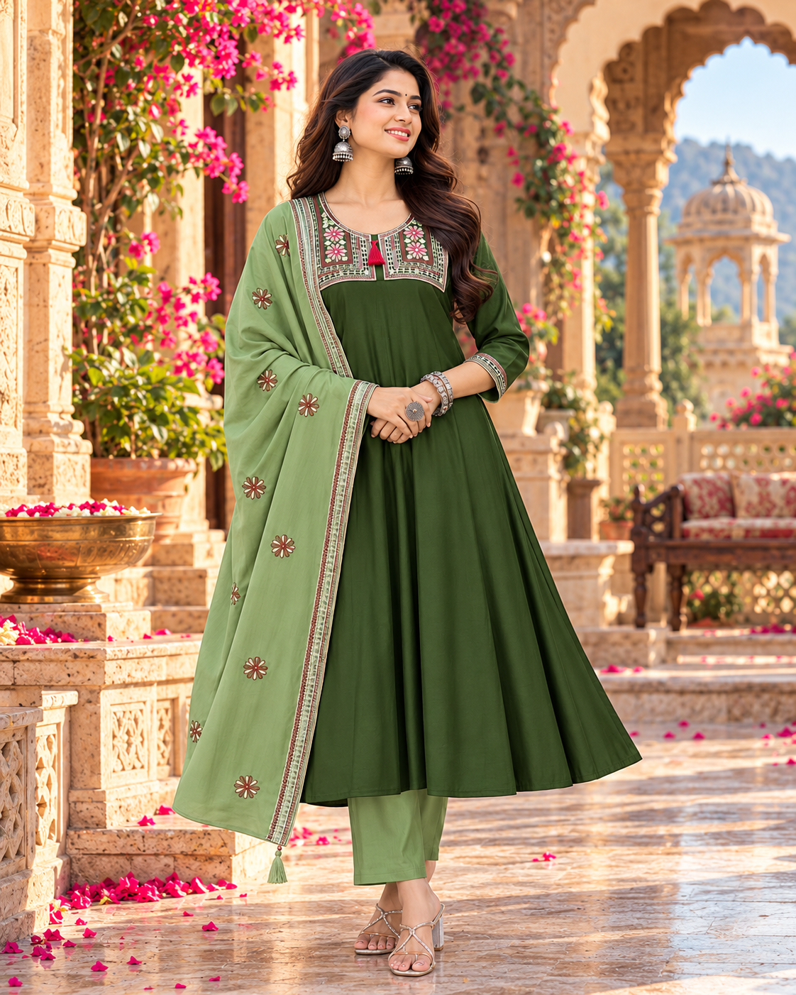 Roman Silk Embroidery Work Anarkali Kurti Pant Set With Dupatta(Green)