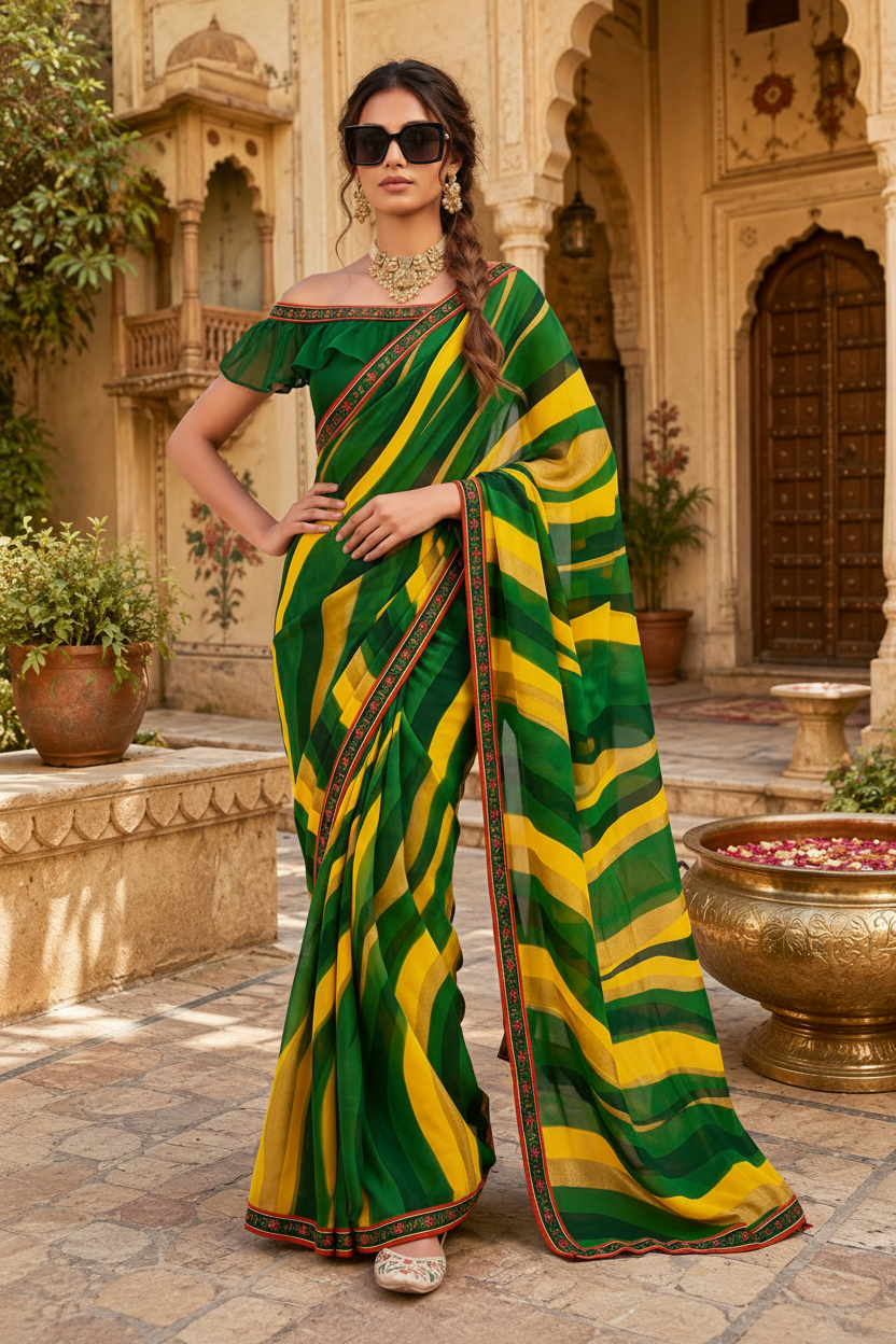 Georgette Digital Print Saree With Unstitched Blouse(Green)