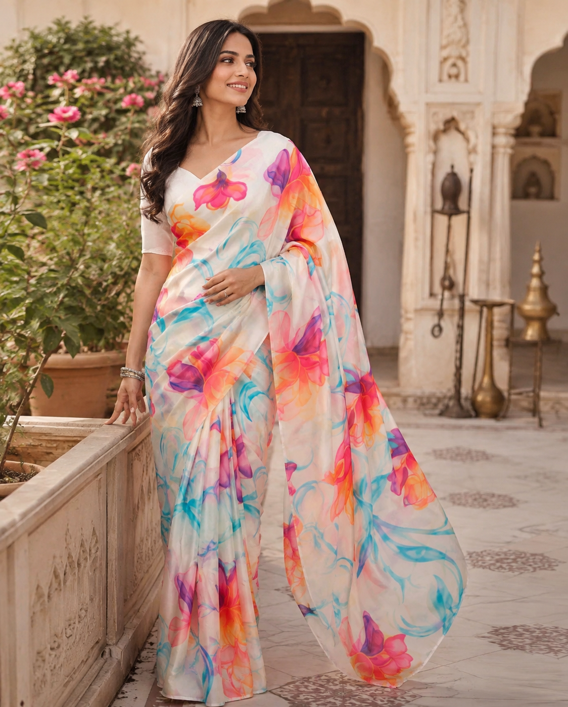 Satin Silk Printed Saree With Unstitched Blouse(Multicolor)