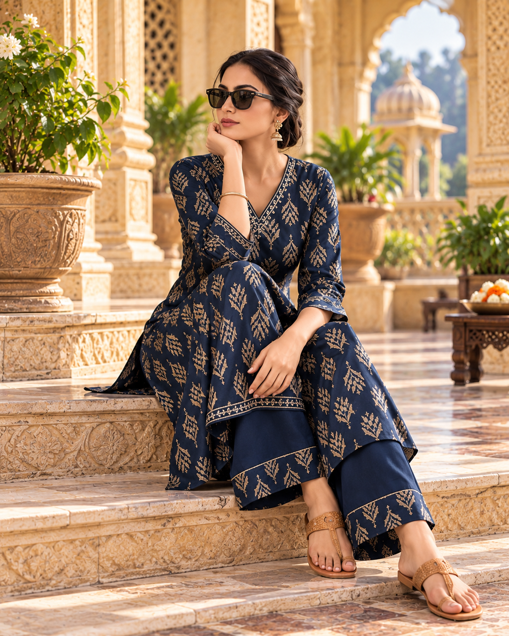Pure Cotton Kurti Pant Two piece Set(Blue)