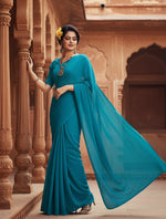 Load image into Gallery viewer, Women's Georgette Plain Saree With Blouse (Dark Firozi, 5-6 Mtrs) Kashvii
