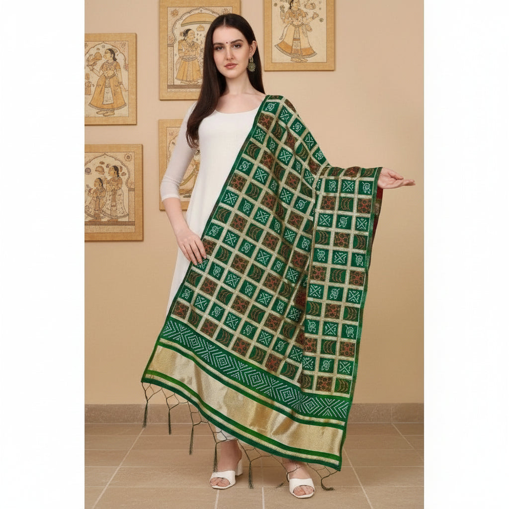 Women's Silk Pure weaving Work Duppatta (Green, Length: 2-2.3 Mtrs) Kashvii