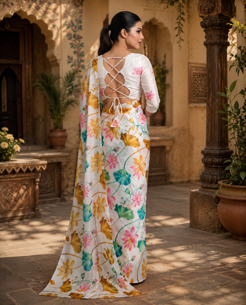 Premium Satin Silk Printed Saree With Unstitched Blouse(White)