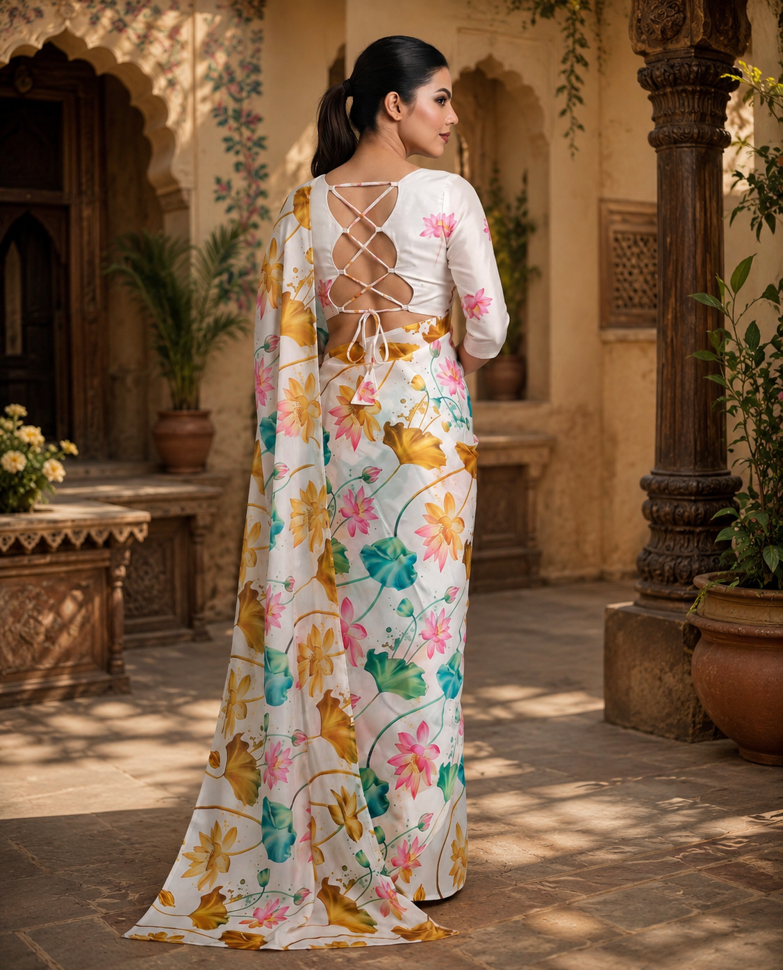 Premium Satin Silk Printed Saree With Unstitched Blouse(White)