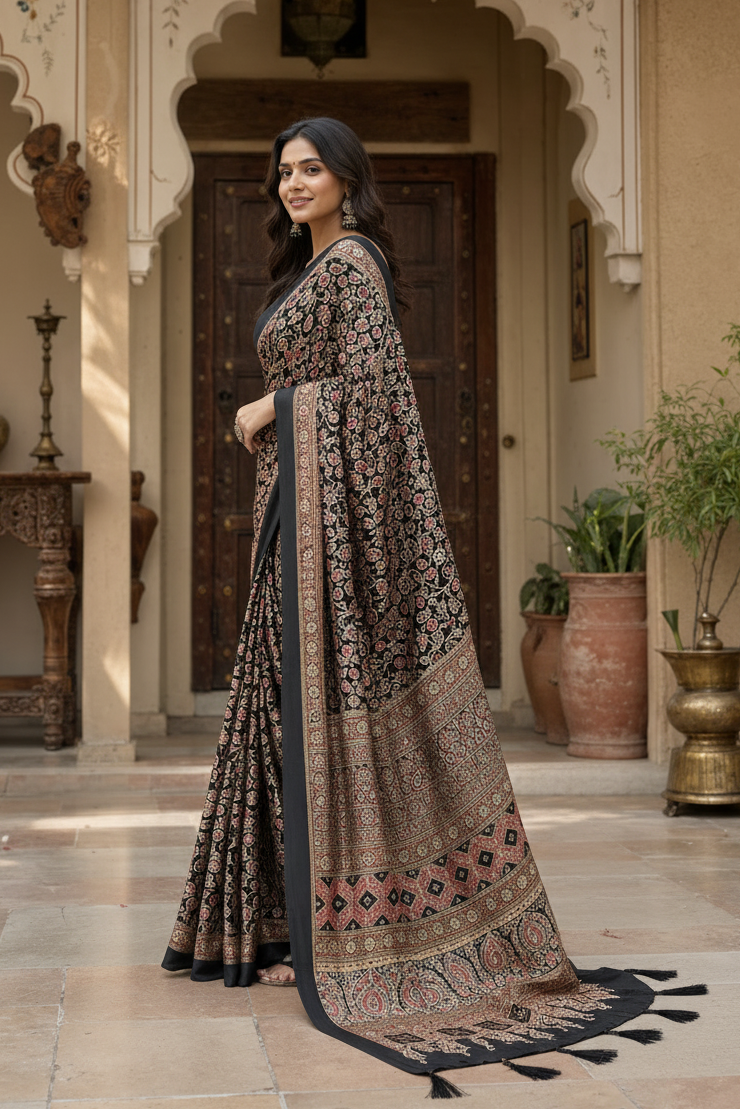 Satin Silk Ajrakh printed Saree With Unstitched Blouse(Black)