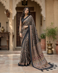 Satin Silk Ajrakh printed Saree With Unstitched Blouse(Black)