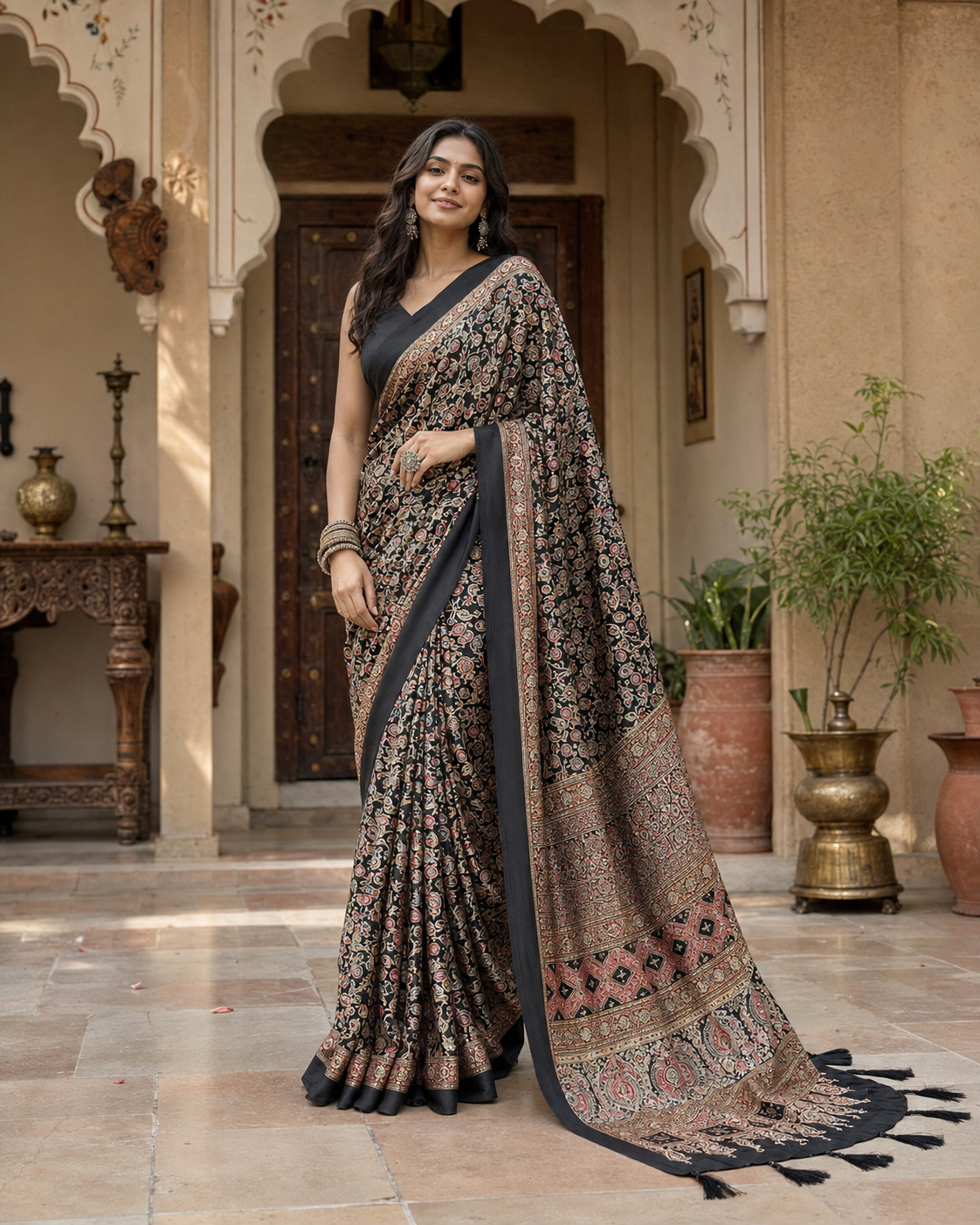 Satin Silk Ajrakh printed Saree With Unstitched Blouse(Black)