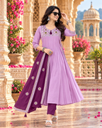 Roman Silk Embroidery Work Anarkali Kurti Pant Set With Dupatta(Violet)