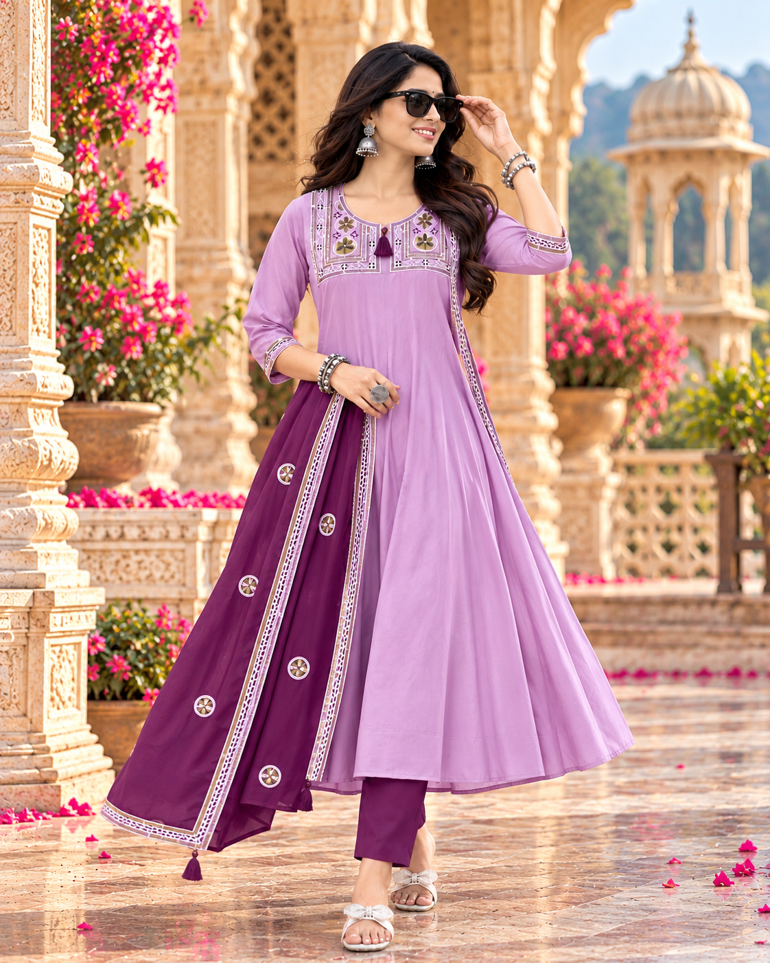Roman Silk Embroidery Work Anarkali Kurti Pant Set With Dupatta(Violet)