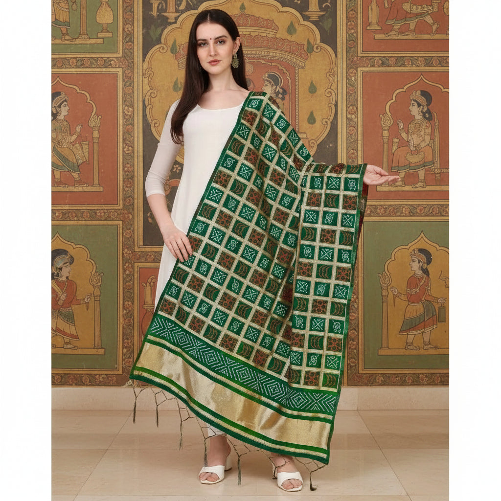 Women's silk pure weaving work duppatta (green, length: 2 2