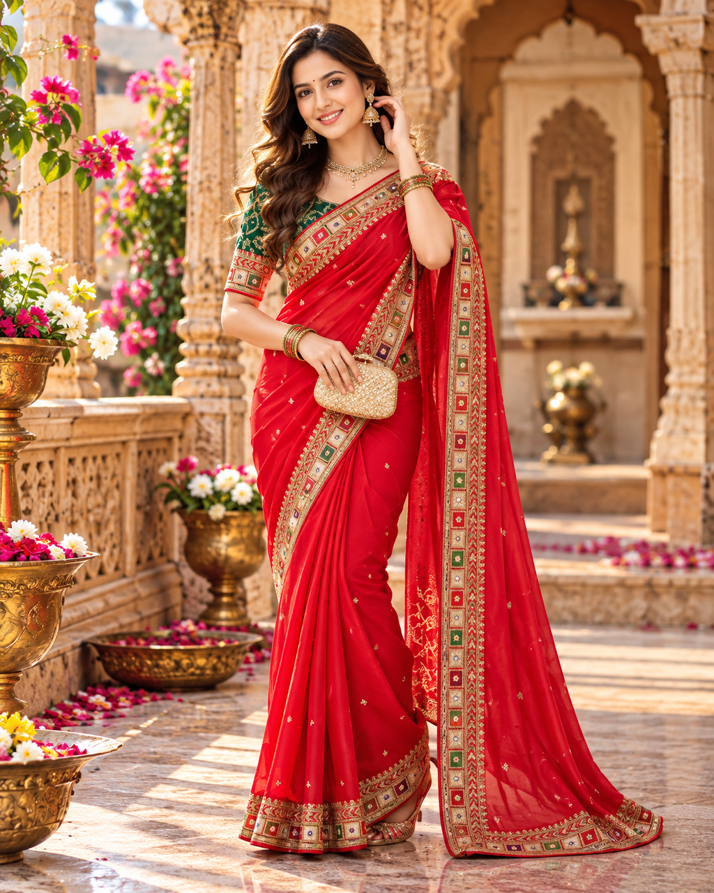 Georgette Embroidery Thread Mirror Work Saree With Unstitched Blose(Red)
