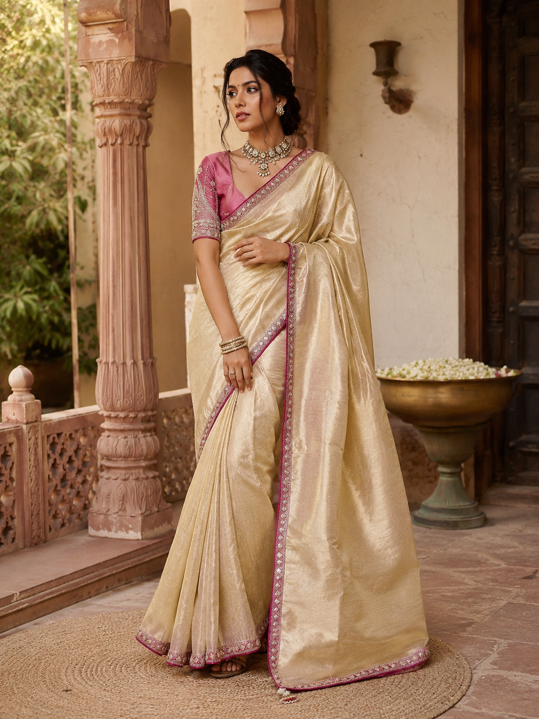 Soft Tissue Silk Sequins Work Saree With Unstitched Blouse(Beige)