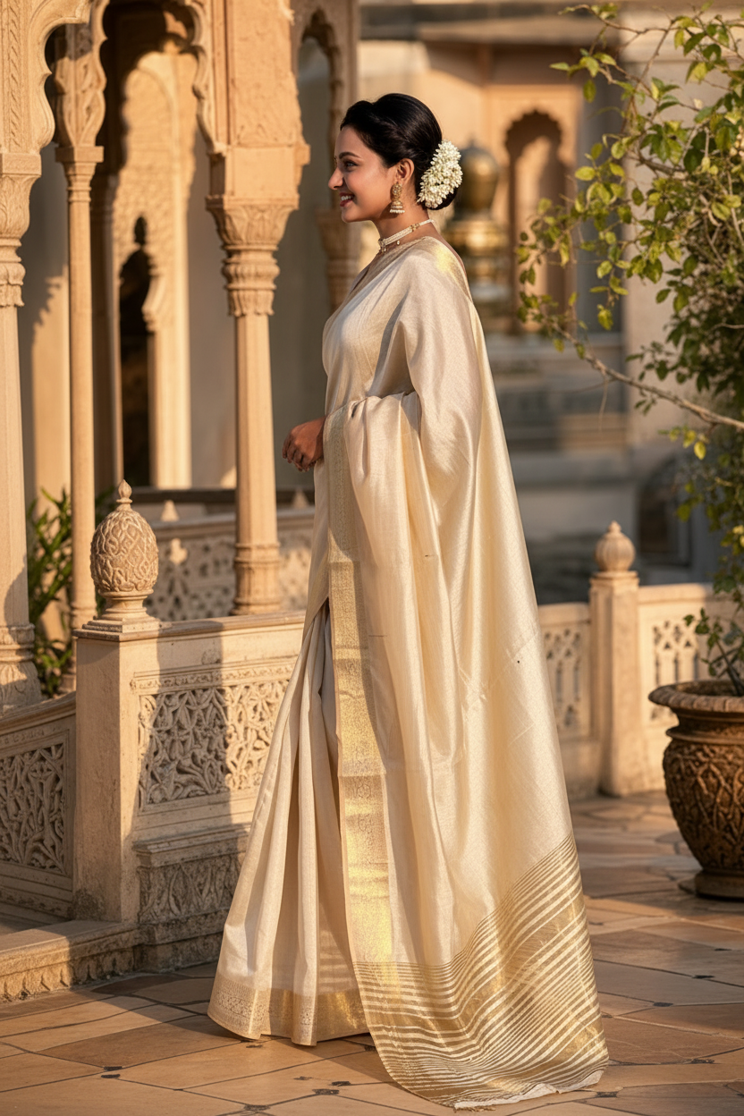 Pure Tussar Silk Saree With Unstitched Blouse(Beige)