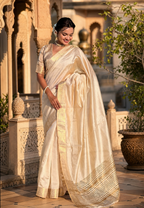 Pure Tussar Silk Saree With Unstitched Blouse(Beige)