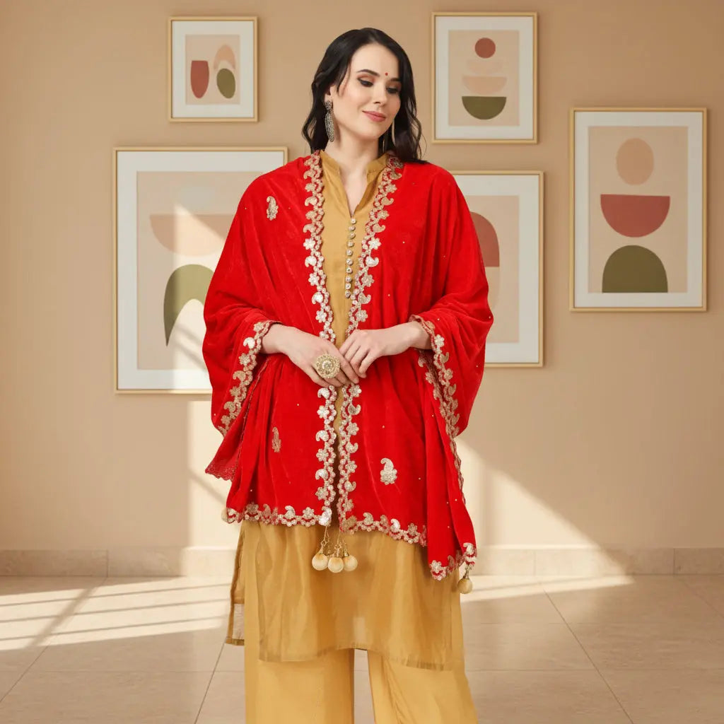 Women's Velvet Gotta Patti Dupatta (Red, Length: 2.25 to 2.50 Mtr) Kashvii