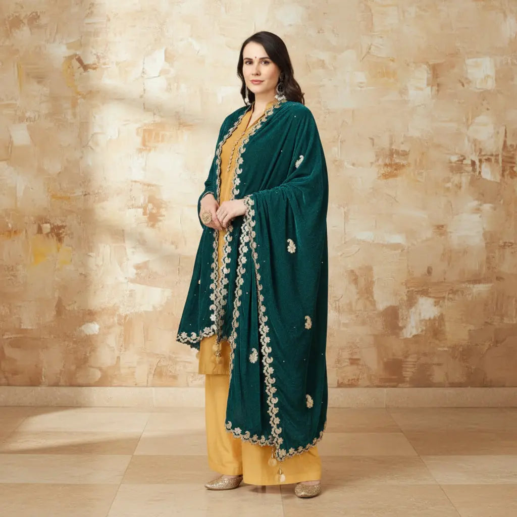 Women's Velvet Gotta Patti Dupatta (Dark Green, Length: 2.25 to 2.50 Mtr) Kashvii