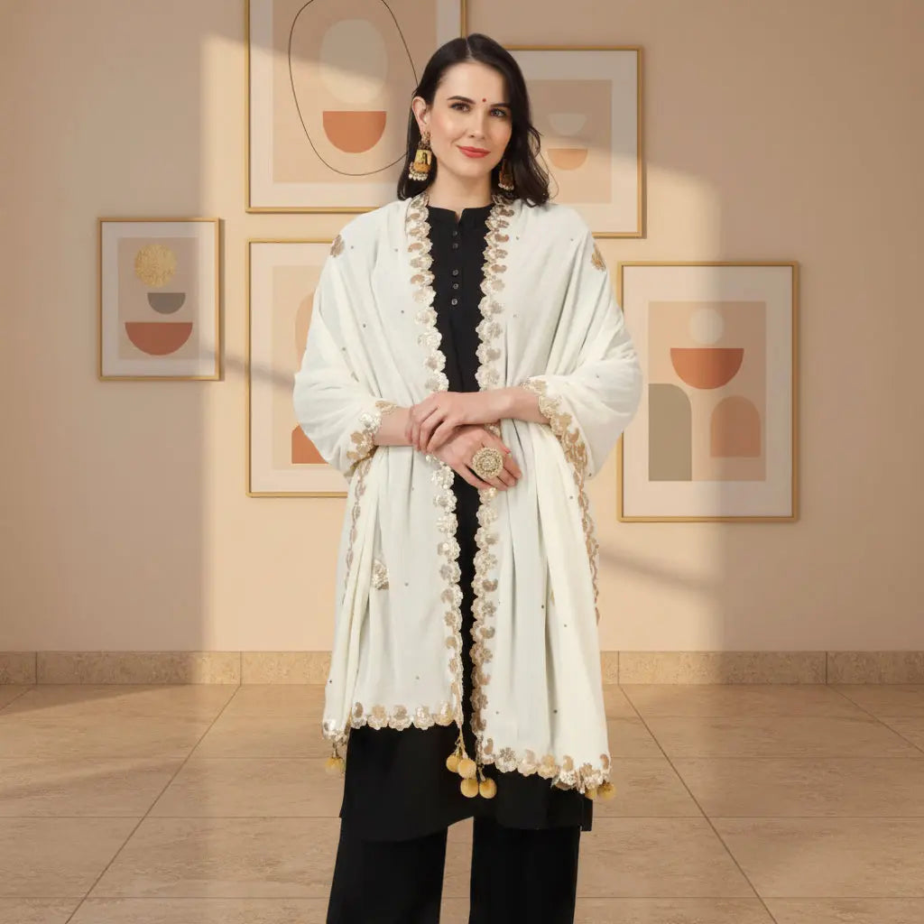 Women's Velvet Gotta Patti Dupatta (Off White, Length: 2.25 to 2.50 Mtr) Kashvii