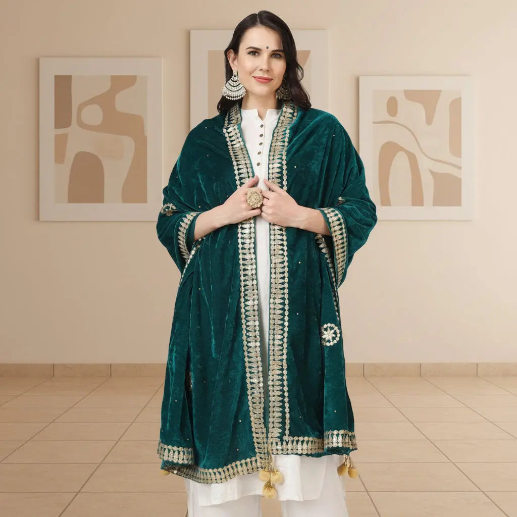 Women's Velvet Gotta Patti Dupatta (Dark Green, Length: 2.25 to 2.50 Mtr) Kashvii