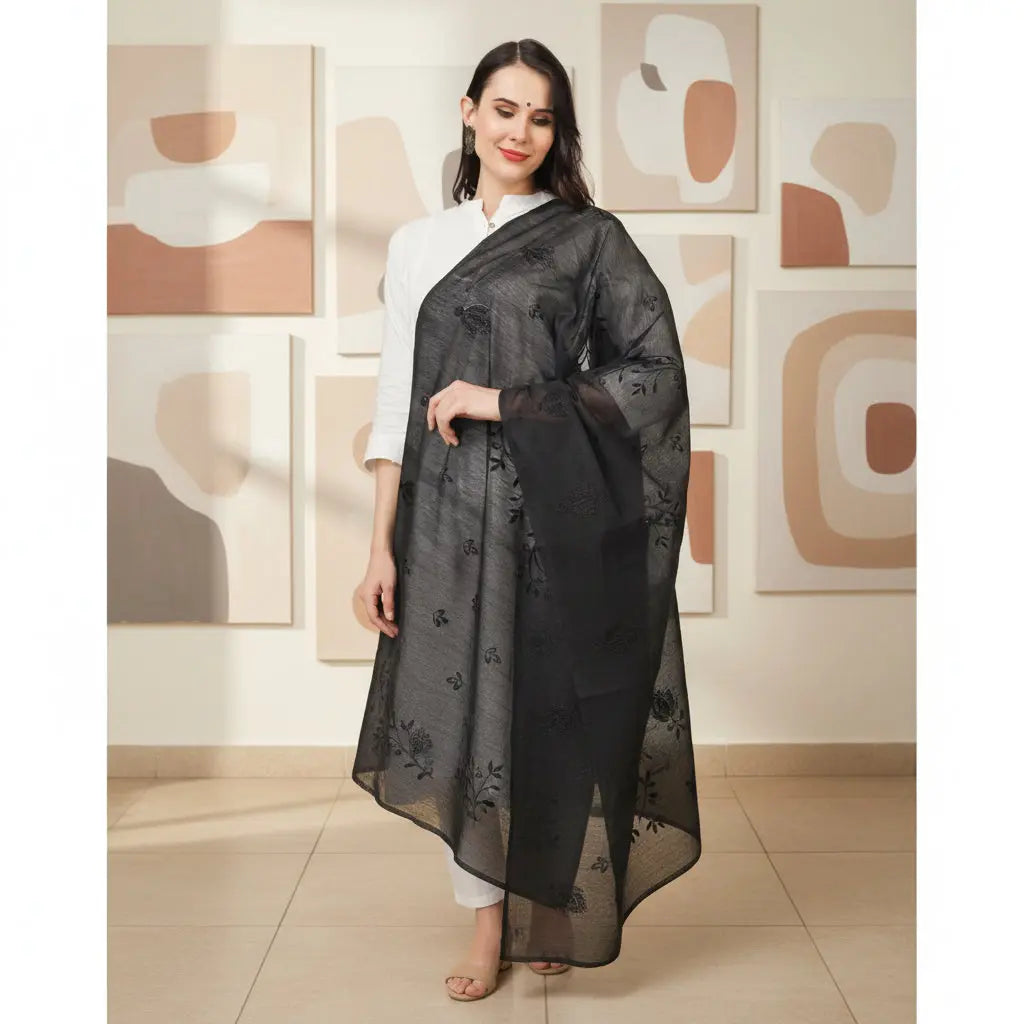 Women's Cotton Embroidered Dupatta (Black, Length: 2.25 to 2.50 Mtr) Kashvii