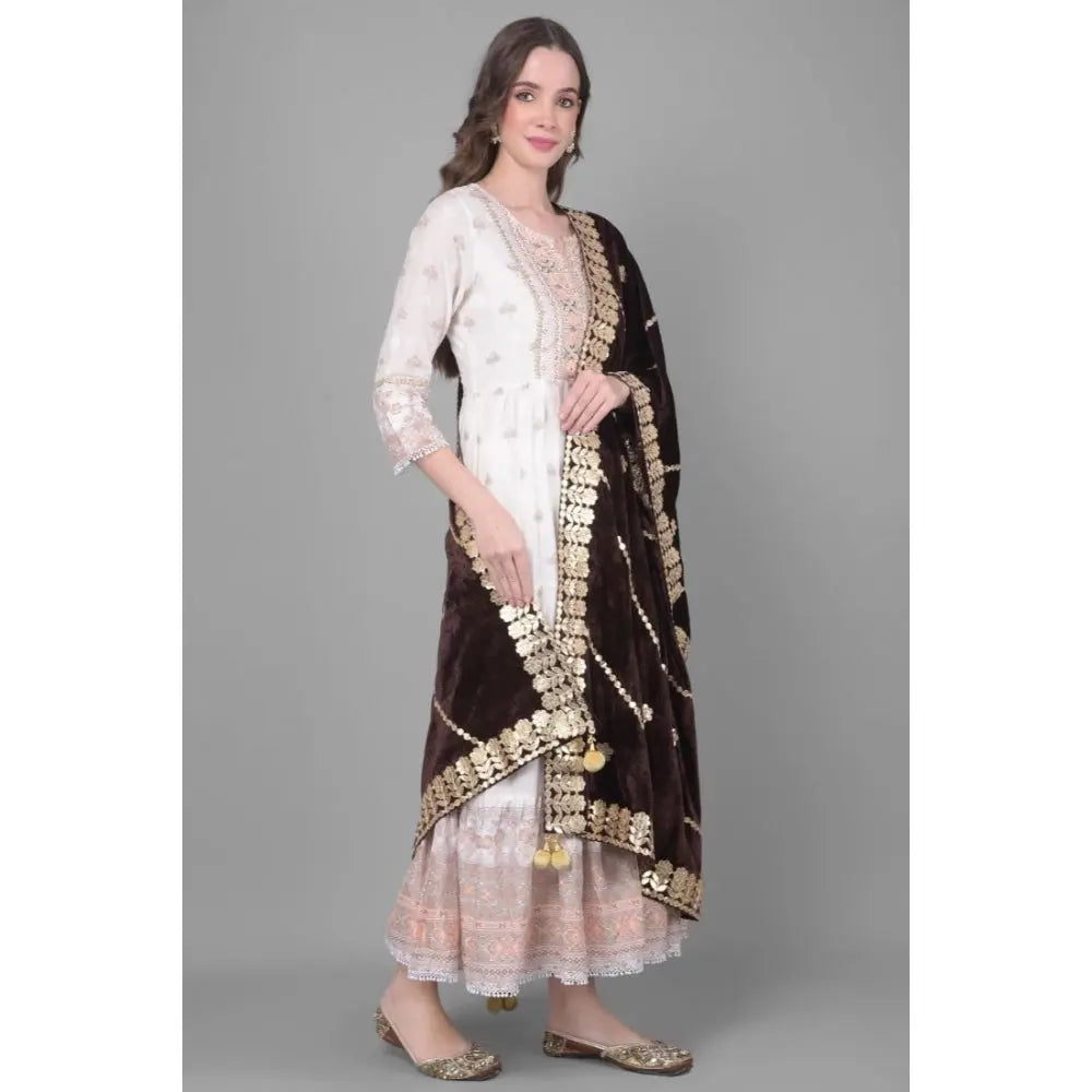 Women's Velvet Gotta Patti Dupatta (Brown, Length: 2.25 to 2.50 Mtr) Kashvii