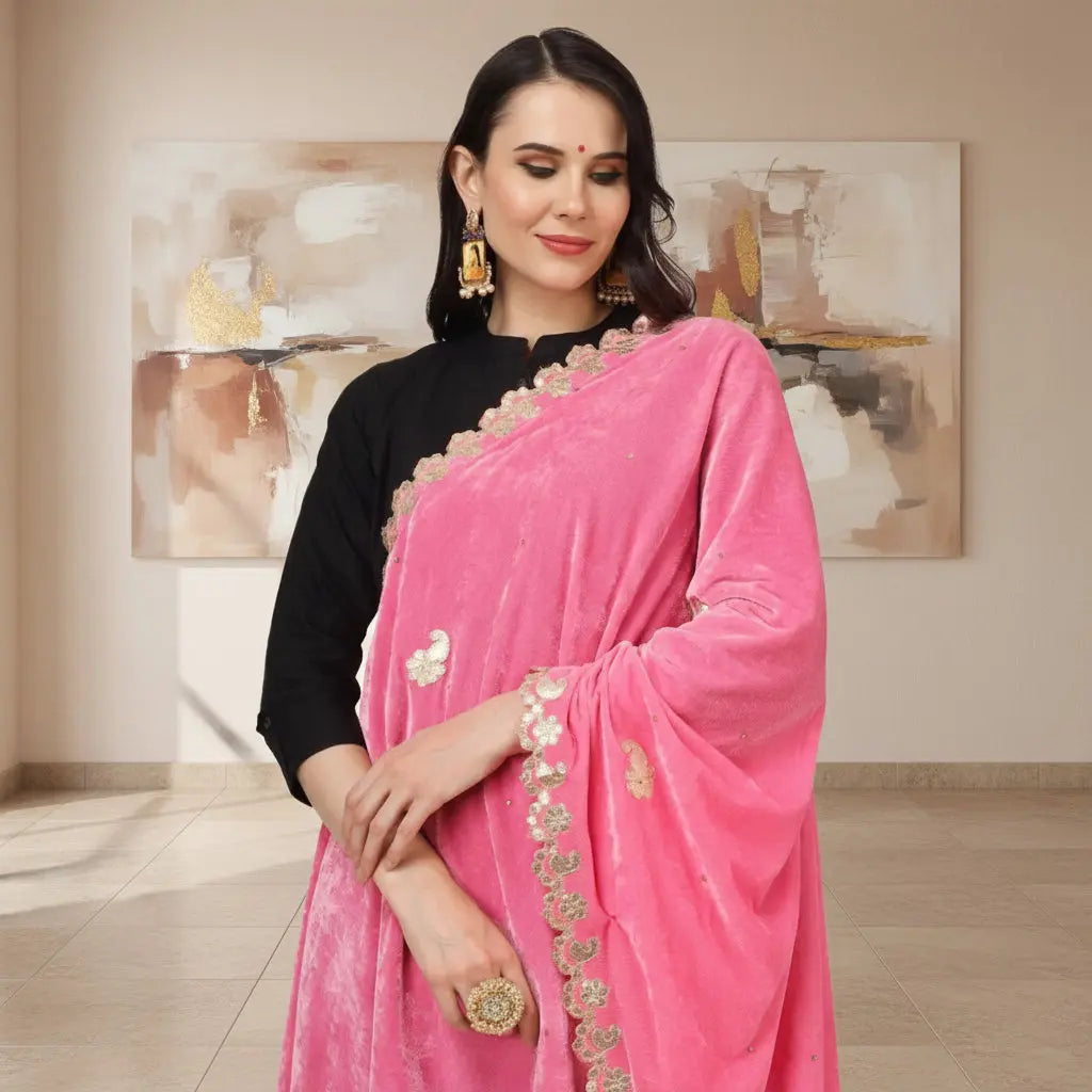 Women's Velvet Gotta Patti Dupatta (Pink, Length: 2.25 to 2.50 Mtr) Kashvii