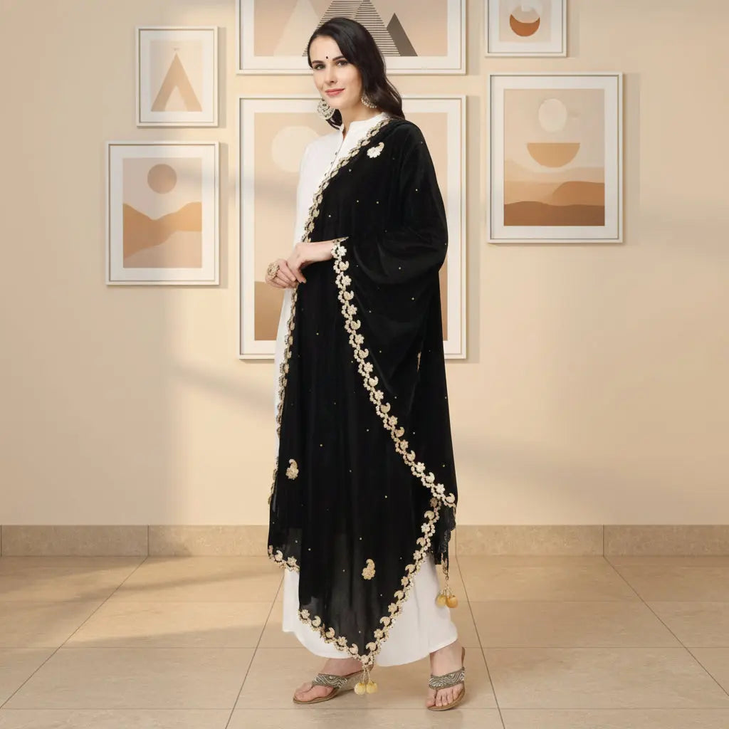 Women's Velvet Gotta Patti Dupatta (Black, Length: 2.25 to 2.50 Mtr) Kashvii
