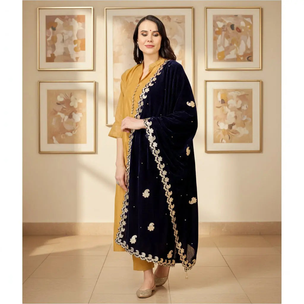 Women's Velvet Gotta Patti Dupatta (Blue, Length: 2.25 to 2.50 Mtr) Kashvii