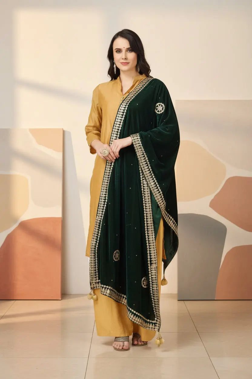 Women's Velvet Gotta Patti Dupatta (Green, Length: 2.25 to 2.50 Mtr) Kashvii
