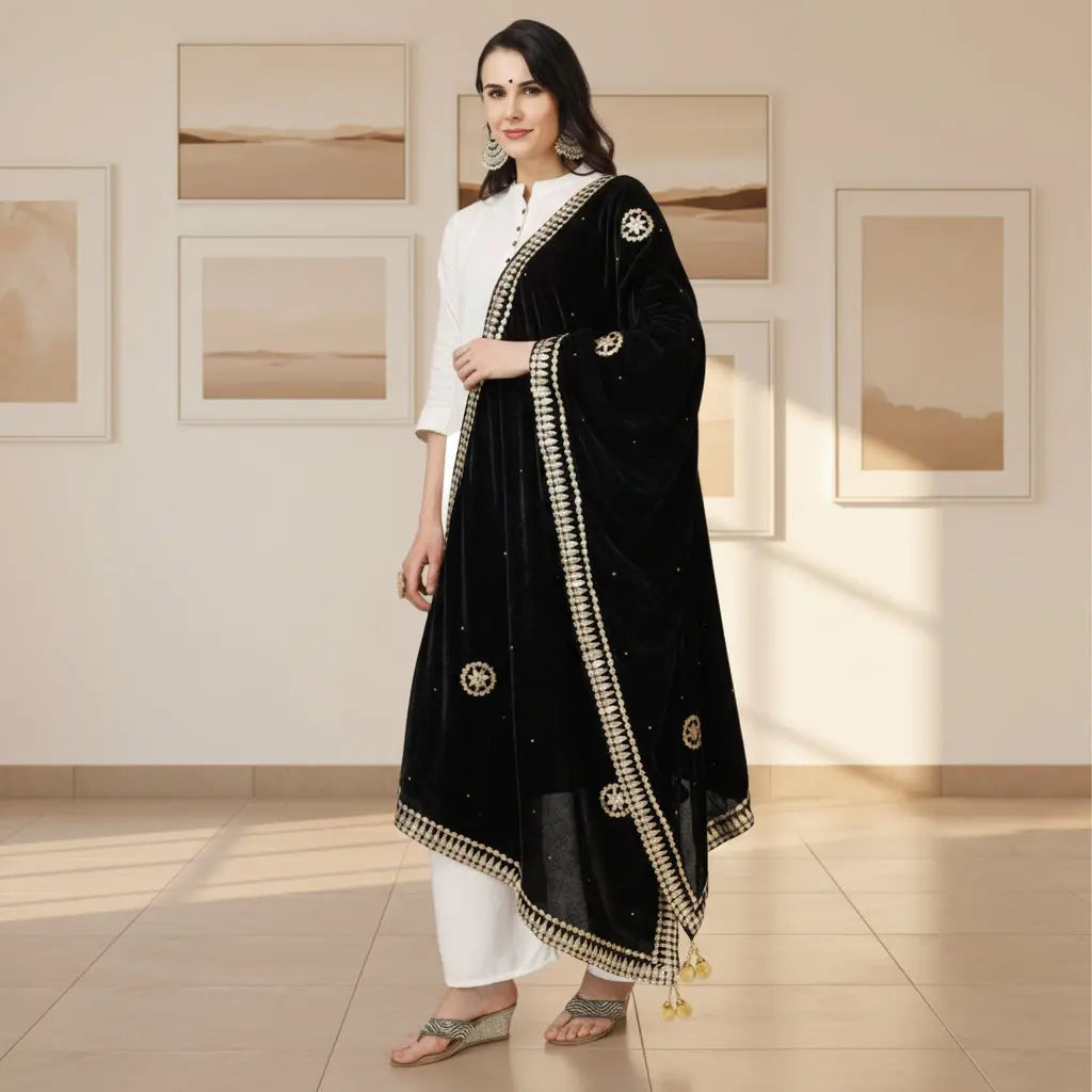 Women's velvet gotta patti dupatta (black, length: 2