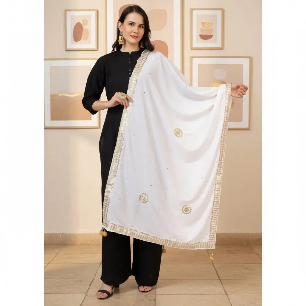 Women's Velvet Gotta Patti Dupatta (White, Length: 2.25 to 2.50 Mtr) Kashvii