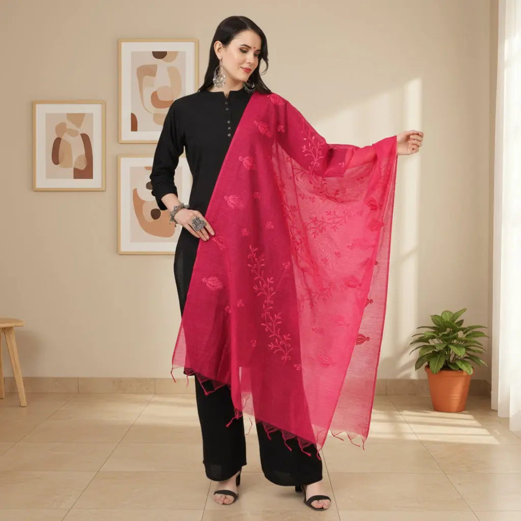 Women's Cotton Embroidered Dupatta (Maroon, Length: 2.25 to 2.50 Mtr) Kashvii